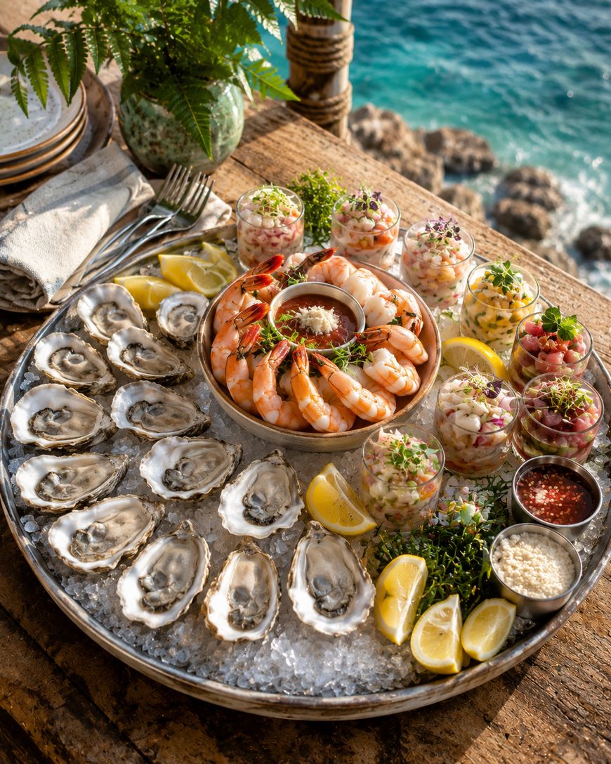 A large platter on ice holds oysters, shrimp, lemon wedges, sauces, and assorted seafood ceviche in small glasses, set on a rustic wooden table overlooking a rocky coastal ocean view.