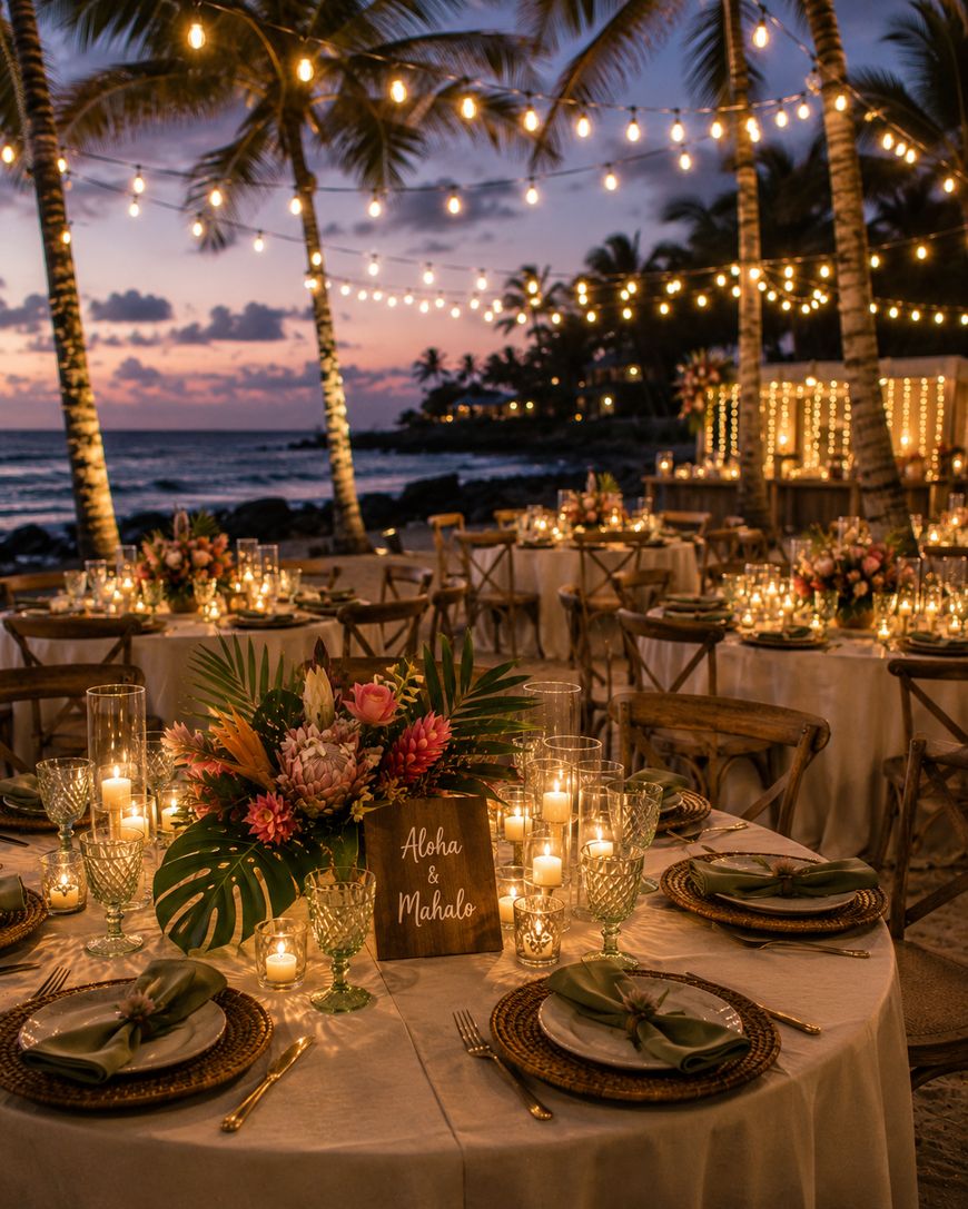 Elegant outdoor dinner setup on a beach at sunset, with round tables decorated with floral centerpieces, candles, and woven placemats. String lights hang above, and palm trees and the ocean are in the background.