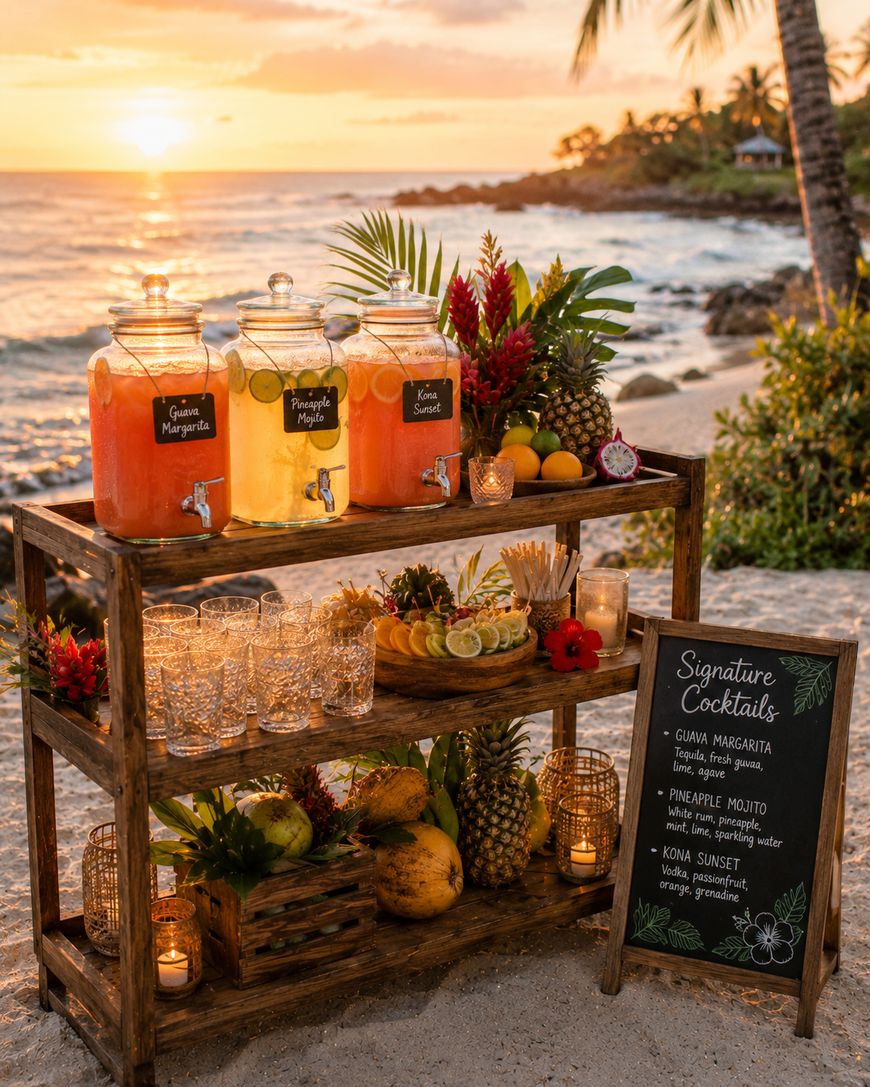 A wooden drink station on a beach at sunset, with dispensers of colorful cocktails, cut fruit, glasses, candles, tropical flowers, and a chalkboard menu labeled Signature Cocktails. Ocean and palm trees are in the background.