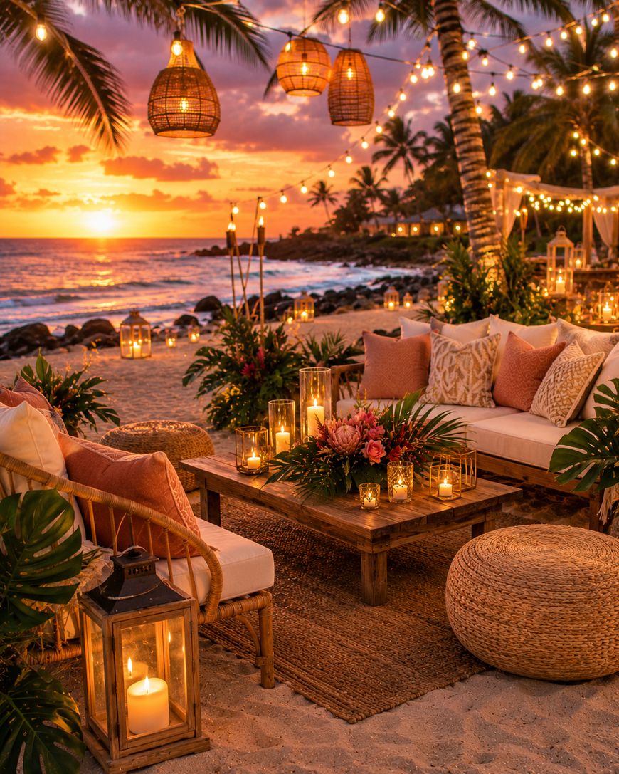 A cozy beach lounge at sunset, decorated with lanterns, string lights, candles, tropical plants, and cushioned seating, overlooks the ocean with palm trees silhouetted against a colorful sky.