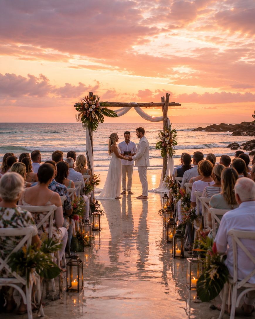 A wedding ceremony takes place on a beach at sunset, with a couple standing under a floral arch, guests seated on both sides, and lanterns lining the aisle. The ocean and colorful sky create a romantic backdrop.