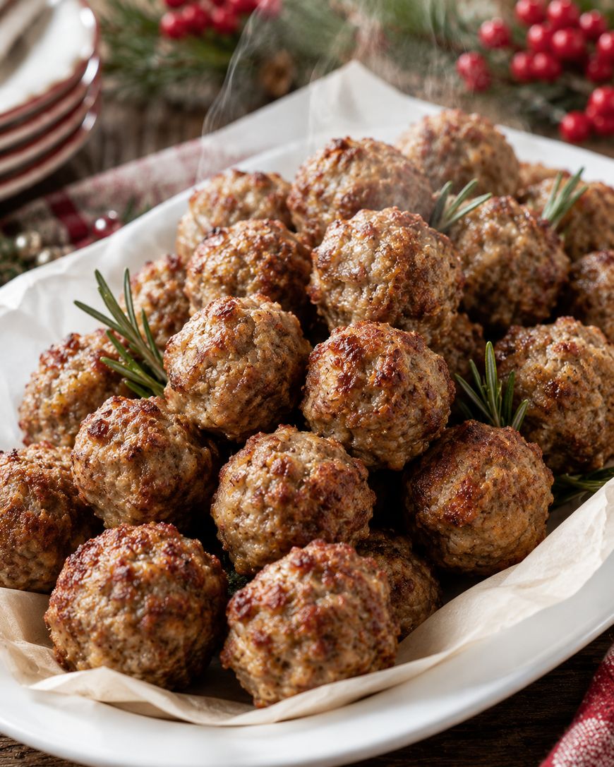 A white plate filled with freshly cooked, browned meatballs garnished with sprigs of rosemary, with steam rising from the meatballs and festive red berries and greenery in the background.