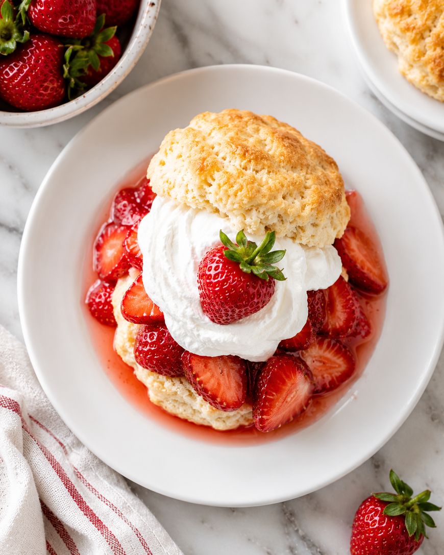 A plate of strawberry shortcake with sliced strawberries, whipped cream, and a biscuit, garnished with a whole strawberry on top. Fresh strawberries are in a bowl nearby on a marble surface.