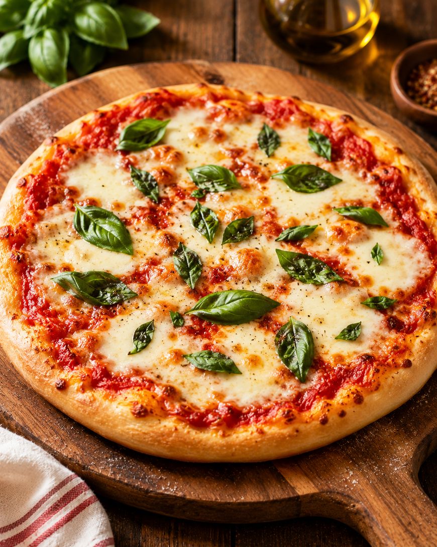 A freshly baked Margherita pizza topped with melted mozzarella cheese, tomato sauce, and fresh basil leaves sits on a wooden board, with a towel, basil, olive oil, and red pepper flakes nearby.