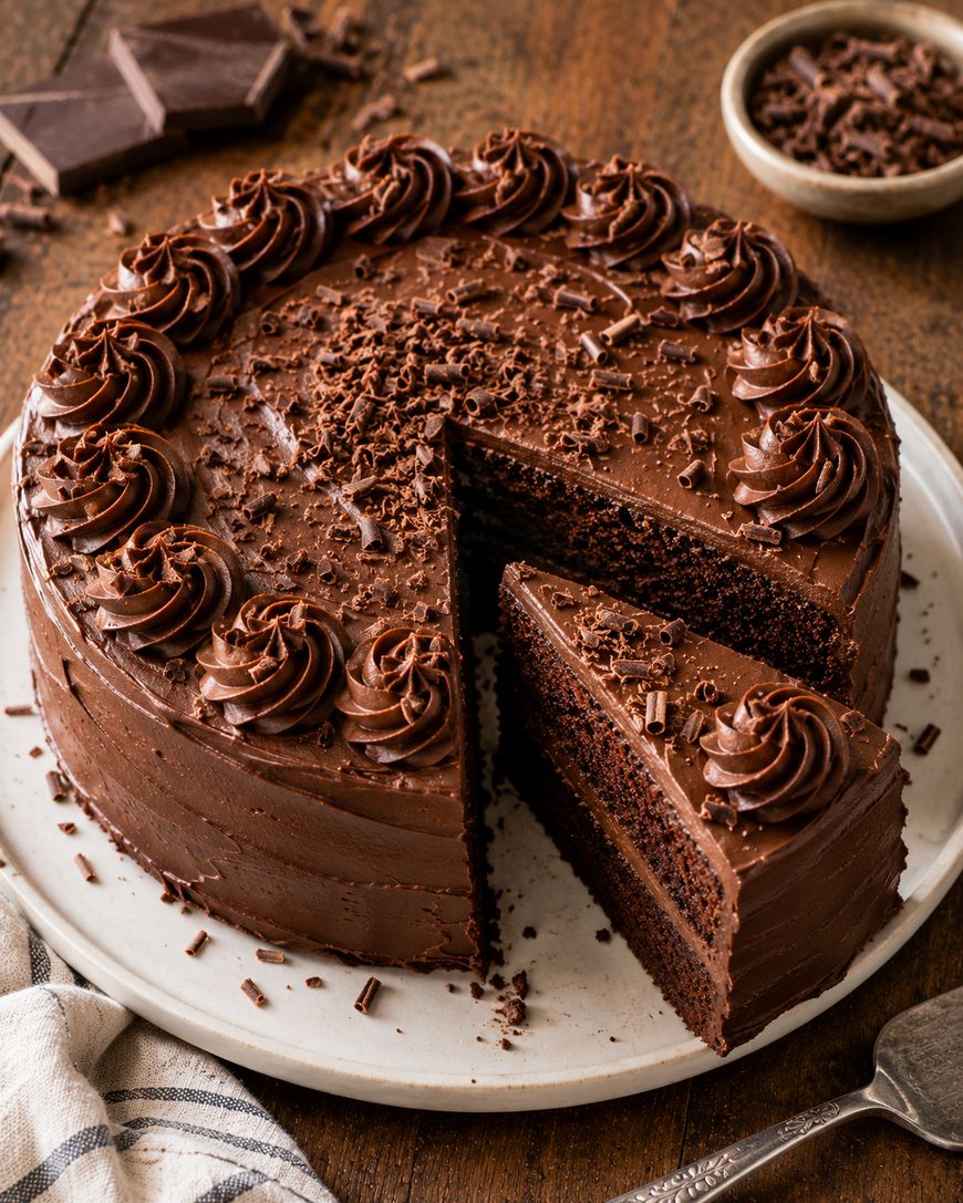 A round chocolate cake with thick chocolate frosting, decorated with frosting swirls and chocolate shavings. One slice is slightly pulled out, showing the cake’s moist layers. Chocolate pieces and a bowl of shavings are nearby.