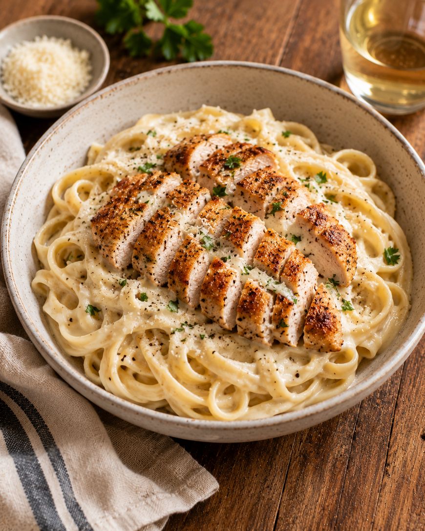 A bowl of fettuccine Alfredo topped with sliced, seasoned grilled chicken breast, garnished with chopped parsley. A small dish of grated cheese, a glass of white wine, and a cloth napkin are nearby on a wooden table.