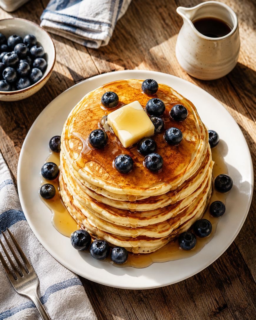 A stack of pancakes topped with a pat of butter, fresh blueberries, and syrup sits on a white plate. More blueberries, a fork, a striped napkin, and a small pitcher of syrup are nearby on a wooden table.