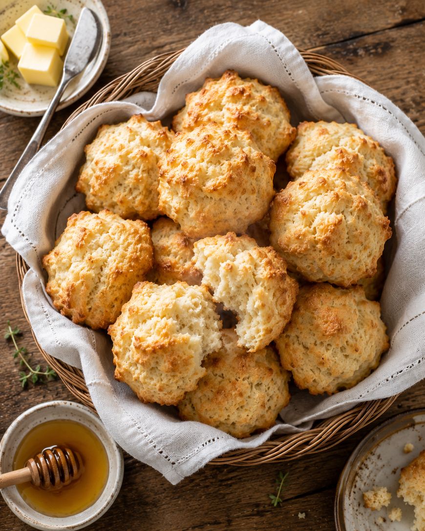 A basket lined with a white cloth holds golden-brown drop biscuits. Nearby are a plate with butter, a small bowl of honey with a honey dipper, and a plate with biscuit crumbs on a rustic wooden table.