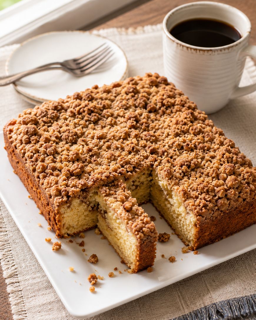 A square crumb cake with a cinnamon streusel topping is served on a white plate, with one slice partially removed. A cup of black coffee, a white plate, and two forks sit in the background.