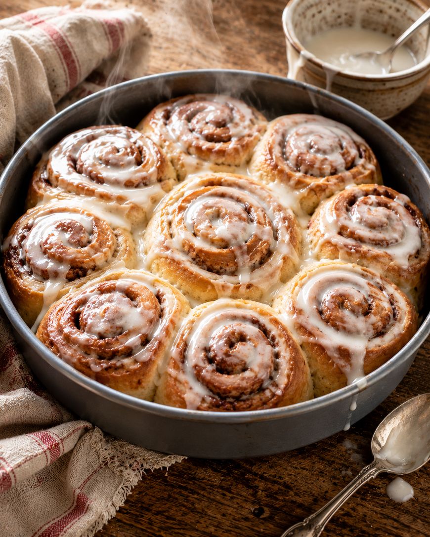 A round baking pan filled with freshly baked cinnamon rolls topped with drizzled white icing, with a bowl of extra icing and a spoon nearby on a wooden table. A striped cloth is partially visible to the side.