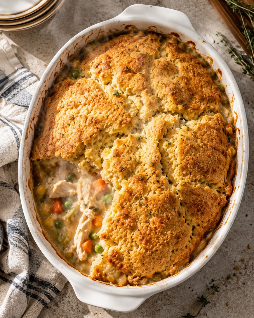 Golden-brown biscuit-topped chicken pot pie in a white oval baking dish, with creamy filling of chicken, carrots, peas, and corn visible where a portion has been scooped out, on a light countertop.