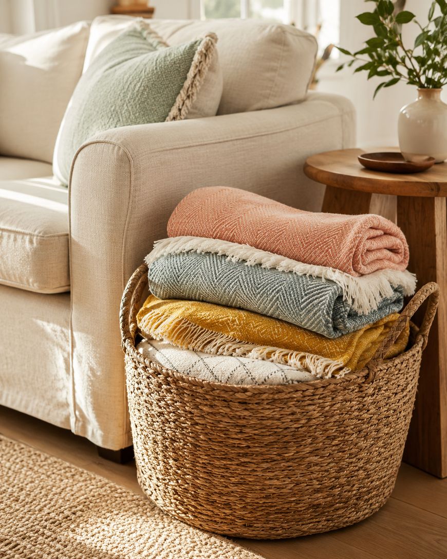 A woven basket filled with neatly folded, colorful throw blankets sits beside a light-colored sofa and a wooden side table with a potted plant in a bright, cozy living room.