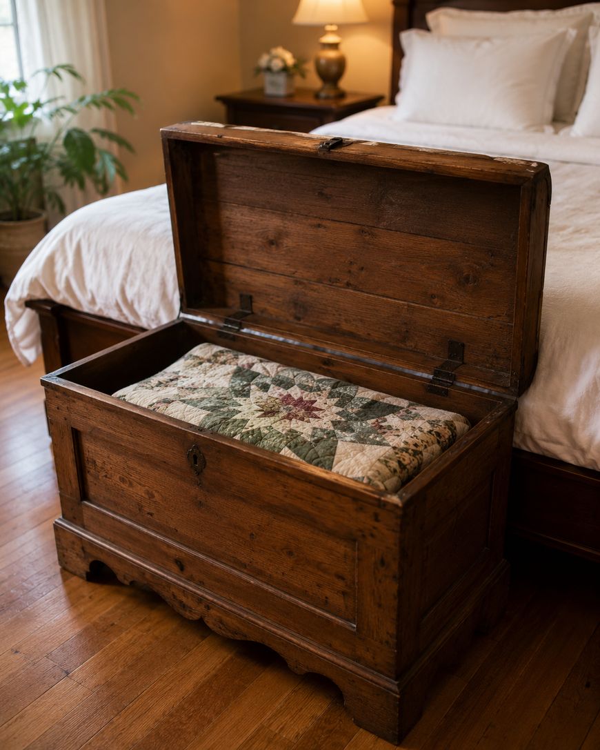 An open wooden chest sits at the foot of a bed in a cozy bedroom, revealing a folded patchwork quilt inside. The room has hardwood floors, a potted plant, and soft natural light.