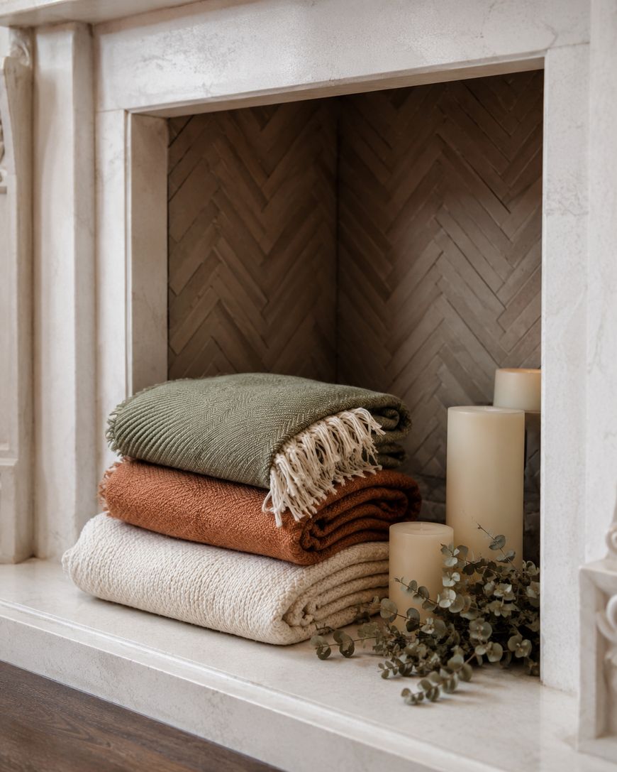 Three folded blankets in green, rust, and cream are stacked inside a fireplace alcove next to four ivory pillar candles and a small bunch of greenery on a light herringbone-patterned background.