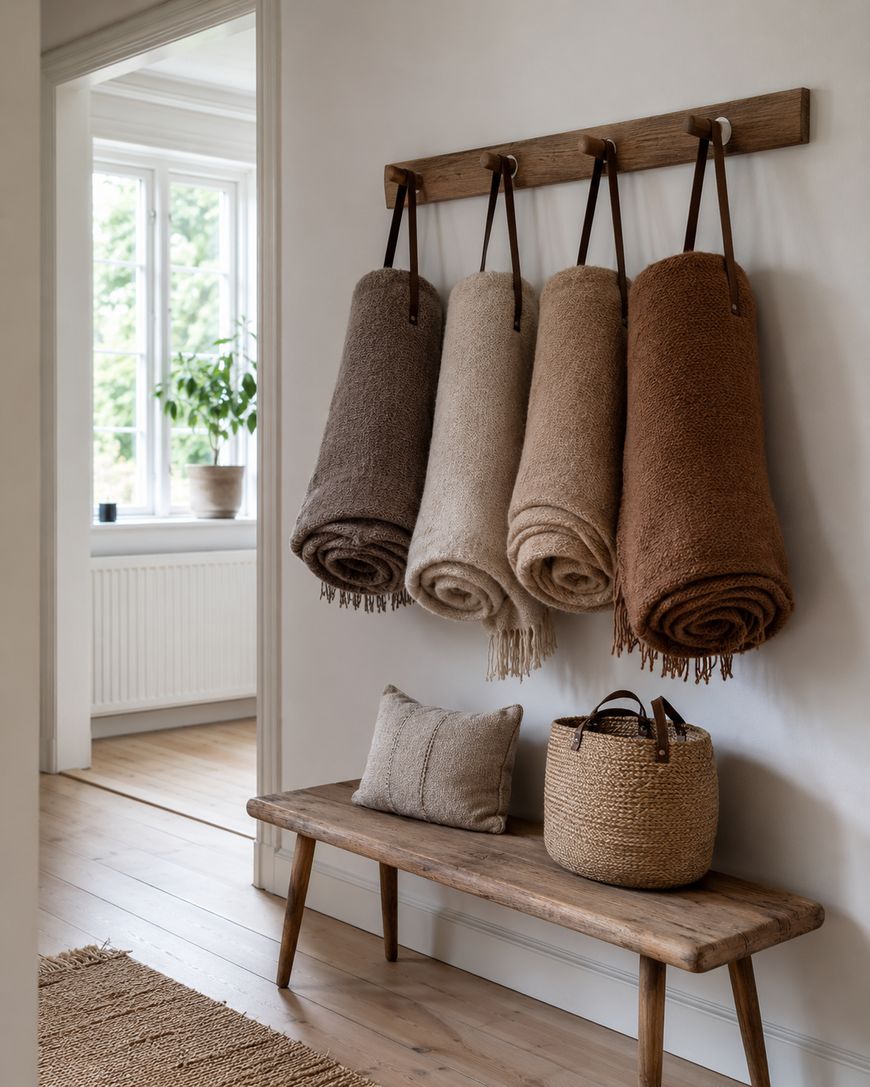 A cozy hallway with four rolled, earth-toned blankets hanging from leather straps on a wooden rack above a rustic wooden bench. A cushion and woven basket sit on the bench; sunlight streams in through a window.