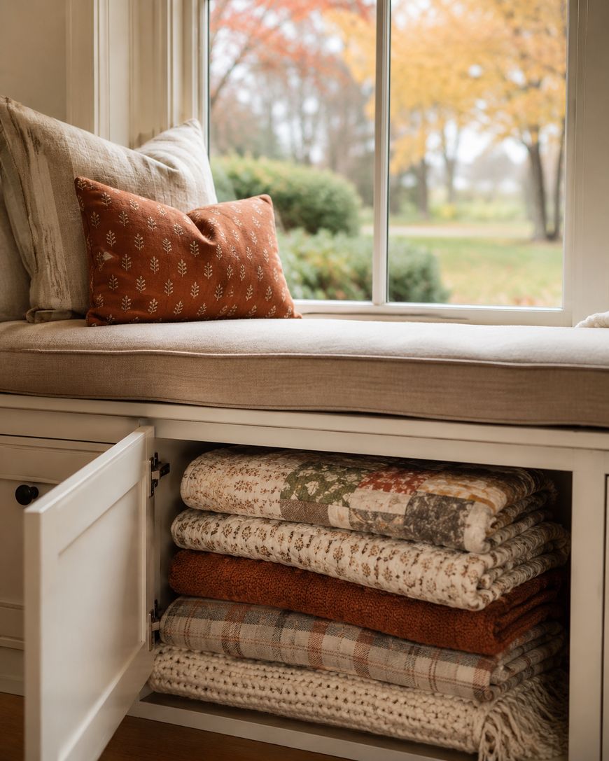 A cozy window seat with beige cushions and an orange pillow, next to a window showing autumn trees. Below, a cabinet door is open revealing neatly folded quilts and blankets in warm colors and patterns.
