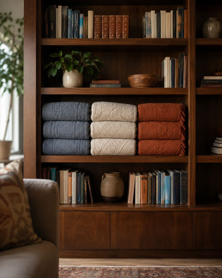 A wooden bookshelf with neatly folded blue, beige, and rust-colored blankets, various books, a potted plant, and a ceramic jug, set in a cozy, softly lit living room.