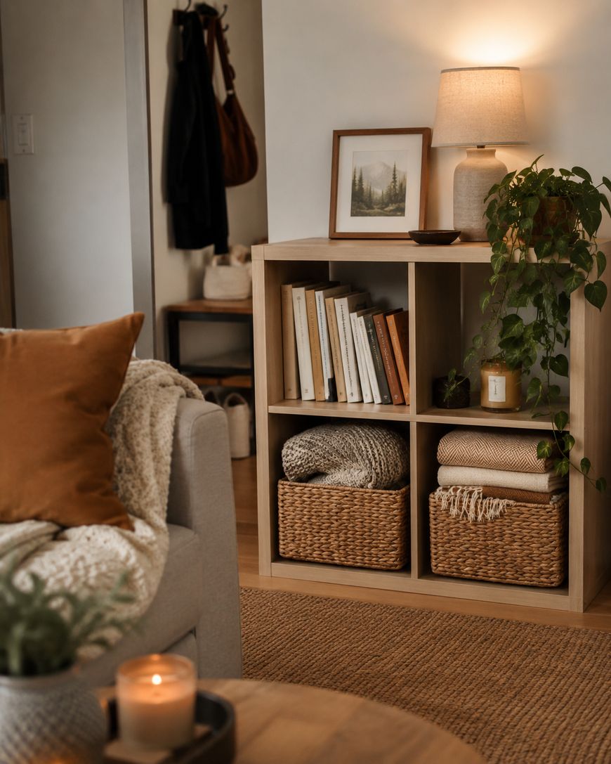 A cozy living room corner with a light wood shelf holding books, woven baskets, a potted plant, and a lamp. A framed photo, sofa with blankets, and a lit candle create a warm, inviting atmosphere.