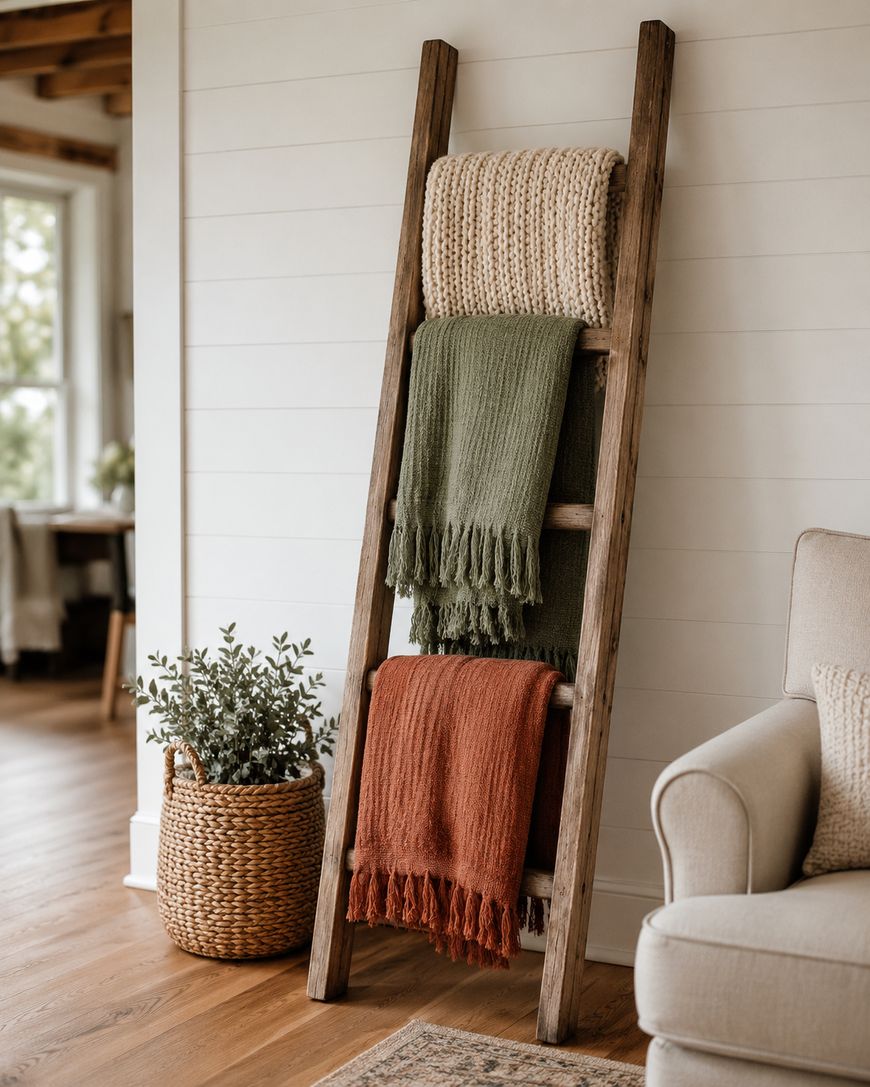 A wooden ladder leaning against a white shiplap wall displays three folded, textured blankets in beige, green, and rust colors. A woven basket with greenery sits on the wooden floor beside a beige sofa.