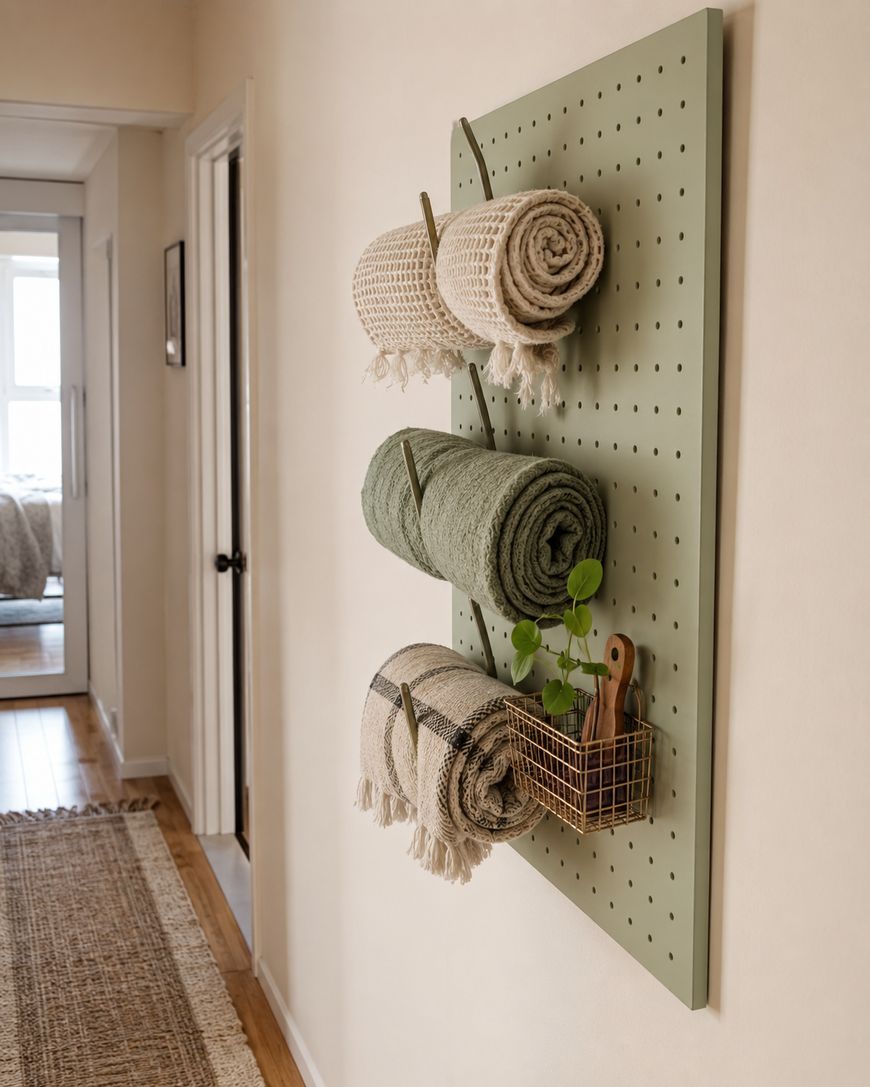 A pegboard mounted on a hallway wall holds three rolled blankets and a small wire basket with a potted plant. The hallway features a rug, light walls, and a glimpse into a bedroom.