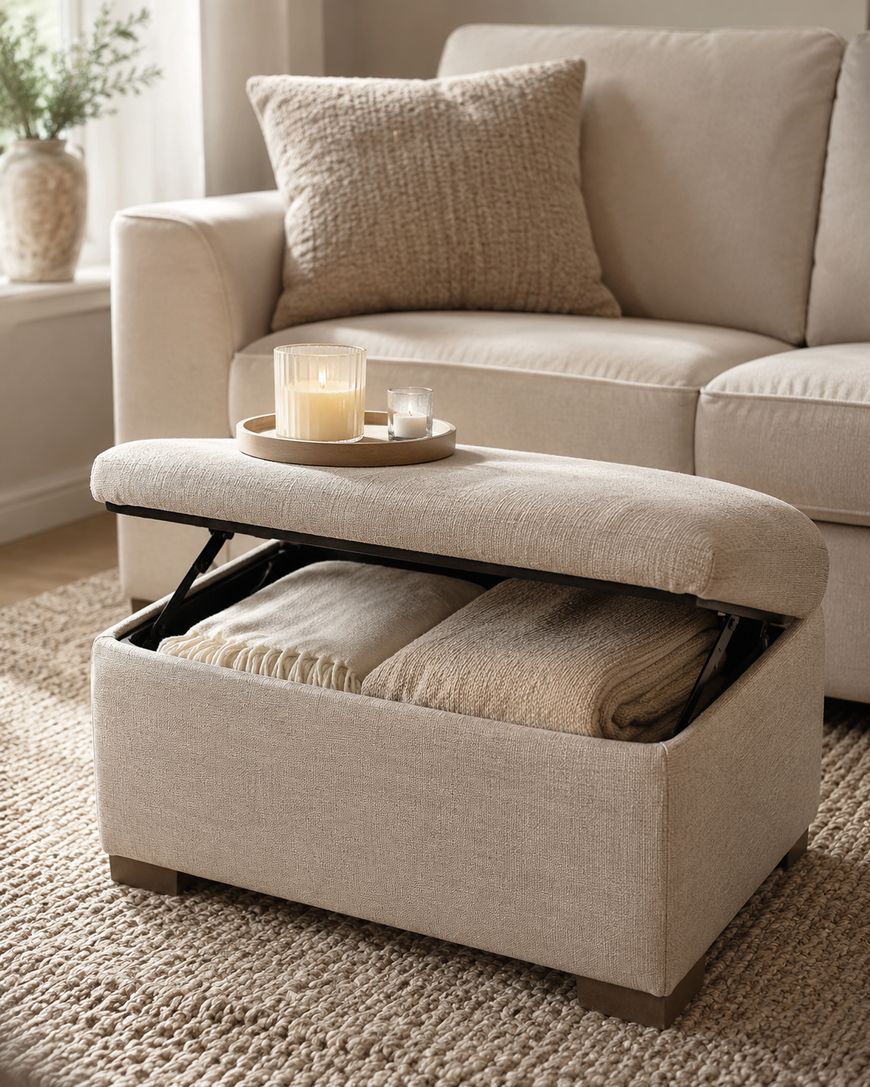 A beige ottoman with a lift-up lid sits in front of a sofa, revealing neatly folded blankets inside. On top, a tray holds two lit candles. The room features neutral, cozy decor with a textured rug and throw pillow.
