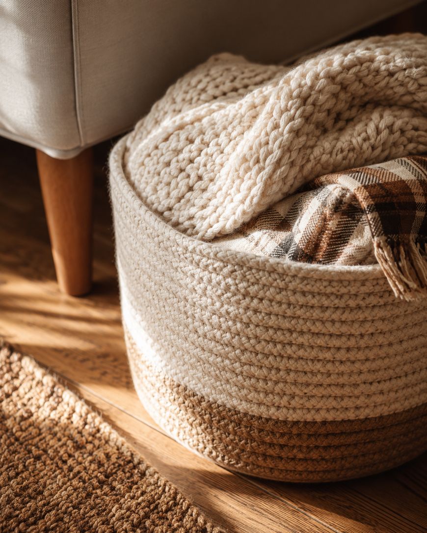 A knitted basket with a cozy cream-colored blanket and a brown plaid throw inside sits on a wooden floor next to a beige sofa and a woven rug. Sunlight streams across the scene, creating a warm atmosphere.