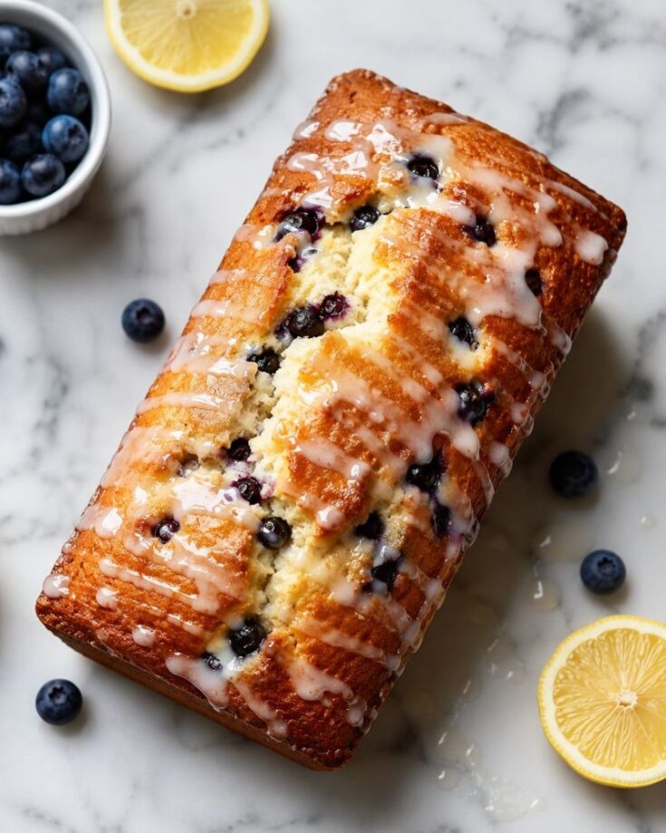 A blueberry lemon loaf sits on a marble surface, golden brown with visible blueberries and a silky glaze on top. Fresh blueberries and lemon halves surround the loaf, highlighting the zesty flavors of this classic treat.