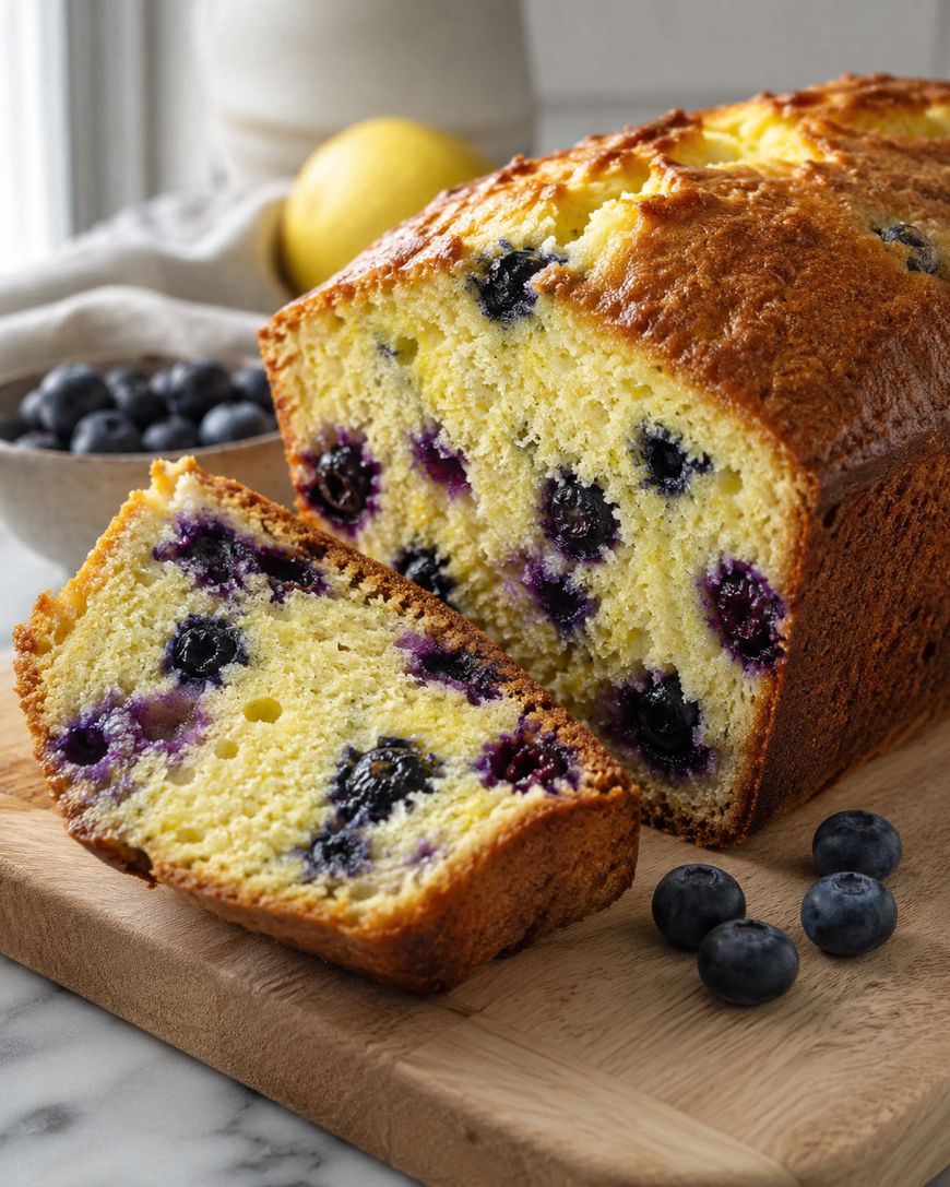 A sliced loaf of blueberry bread sits on a wooden cutting board, with fresh blueberries scattered nearby and a bowl of blueberries in the background. The bread is golden brown and studded with blueberries.