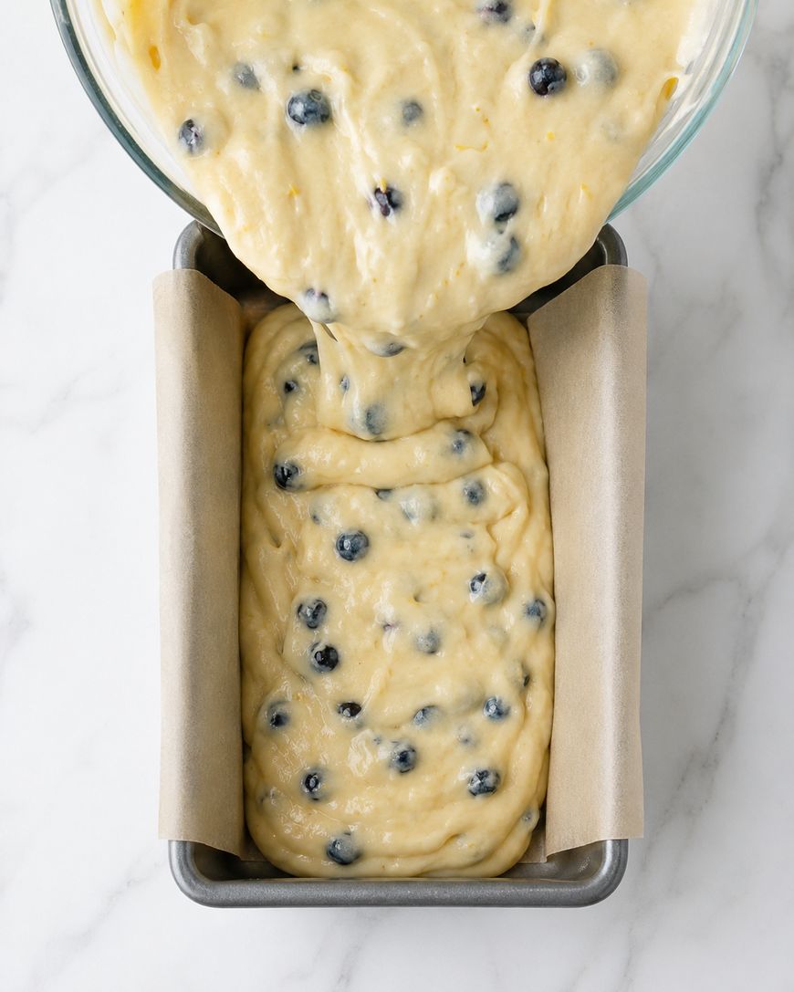 A bowl of blueberry batter is being poured into a loaf pan lined with parchment paper, ready for baking, on a white marble surface.