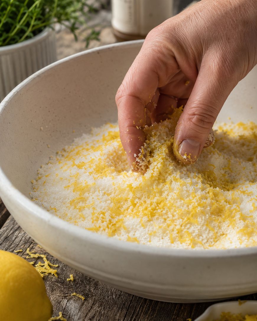 A hand mixes yellow lemon zest into a bowl of white granulated sugar, with a whole lemon and more zest visible nearby on a wooden surface. Green herbs and containers are blurred in the background.