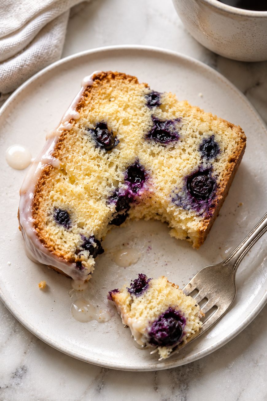 A slice of blueberry loaf cake with icing is on a white plate. A bite has been cut off with a fork and rests near the slice. The cake appears moist and studded with whole blueberries.