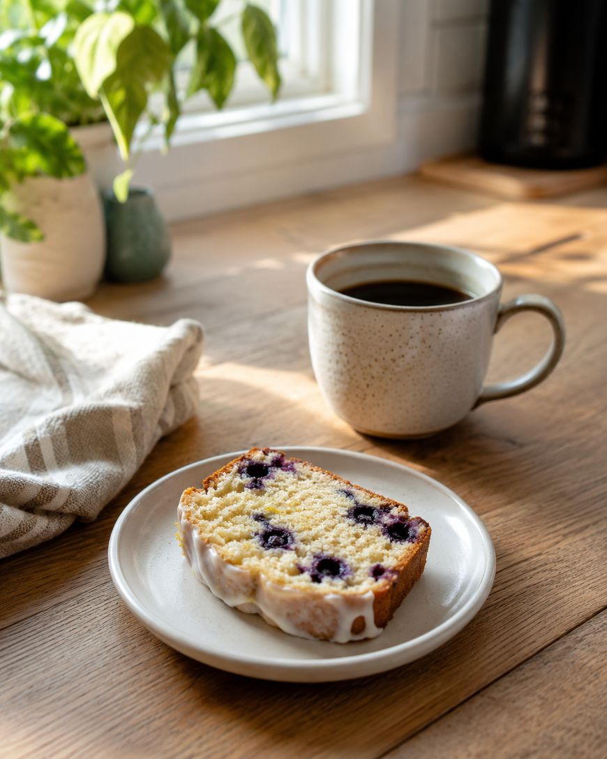 A slice of blueberry loaf cake with icing is on a white plate beside a mug of black coffee on a wooden table, with a plant and a window in the background. Sunlight brightens the cozy scene.