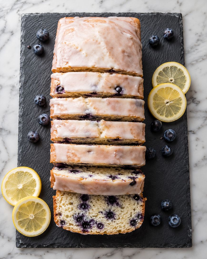 A sliced loaf of glazed blueberry lemon bread is displayed on a dark slate board, surrounded by fresh blueberries and lemon slices on a marble surface.