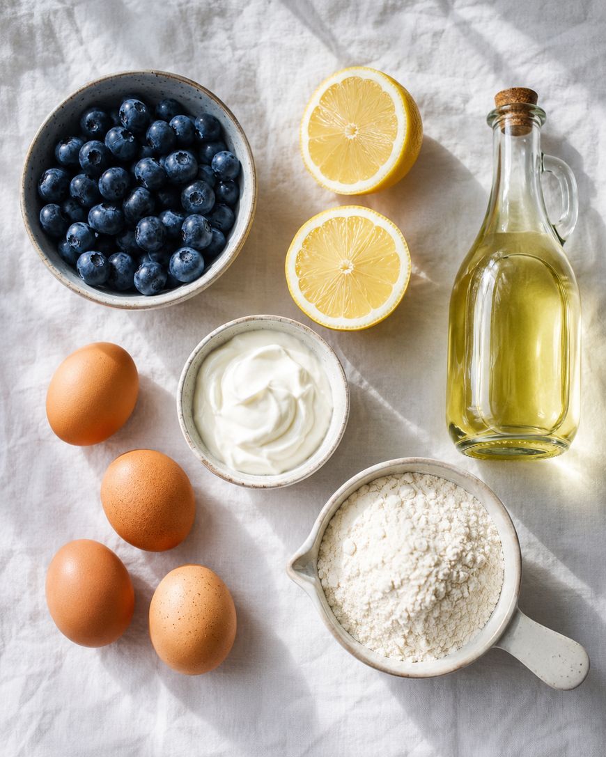 A flat lay of baking ingredients on a white cloth: a bowl of blueberries, two lemon halves, a glass bottle of oil, three brown eggs, a small bowl of yogurt, and a measuring cup of flour.