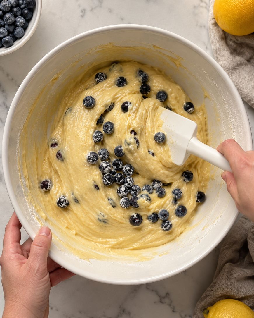 A person stirs blueberry muffin batter in a white bowl with a spatula. Fresh blueberries are visible in the batter, and whole lemons and a bowl of blueberries are nearby on a marble surface.