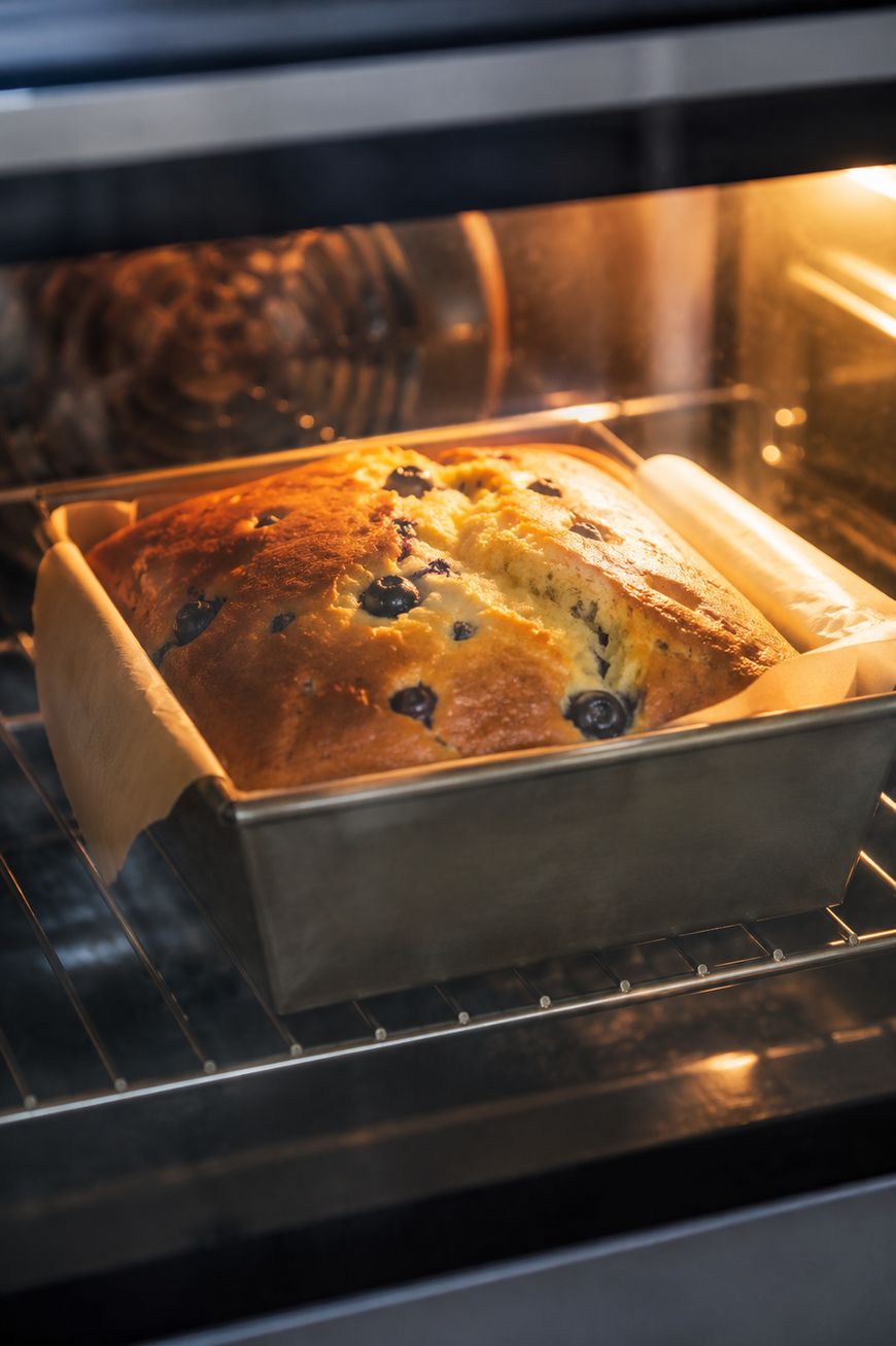 A golden-brown loaf of blueberry bread is baking in a parchment-lined square pan inside an oven, with blueberries visible on the surface.