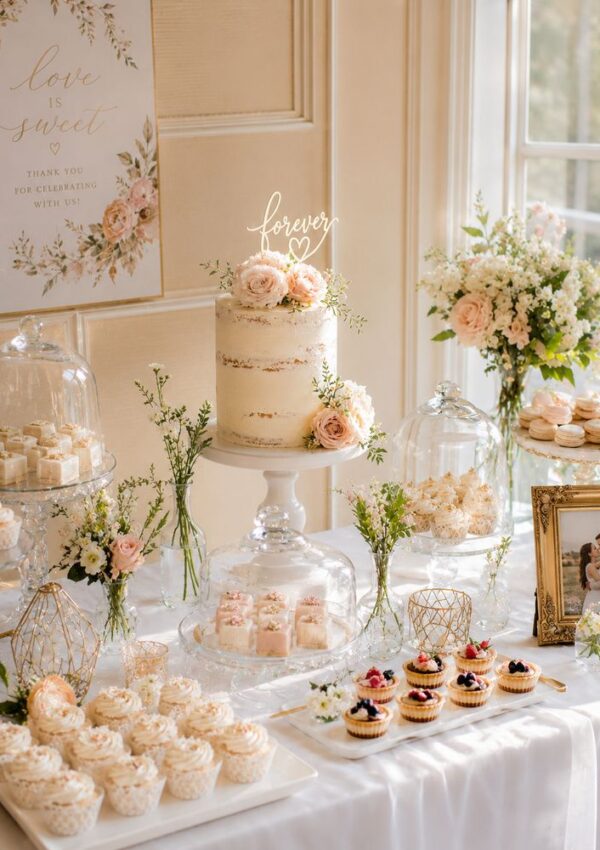 A dreamy dessert table, perfect for bridal shower ideas, features a white “forever” cake, cupcakes, cookies, pastries, pink flowers, greenery, a framed couple photo, and a charming “love is sweet” sign.