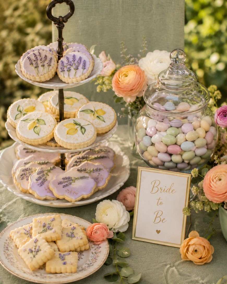 A tiered tray with decorated cookies, a glass jar of pastel candies, a “Bride to Be” sign, and flowers on a green tablecloth, creating an elegant bridal shower dessert table setting.