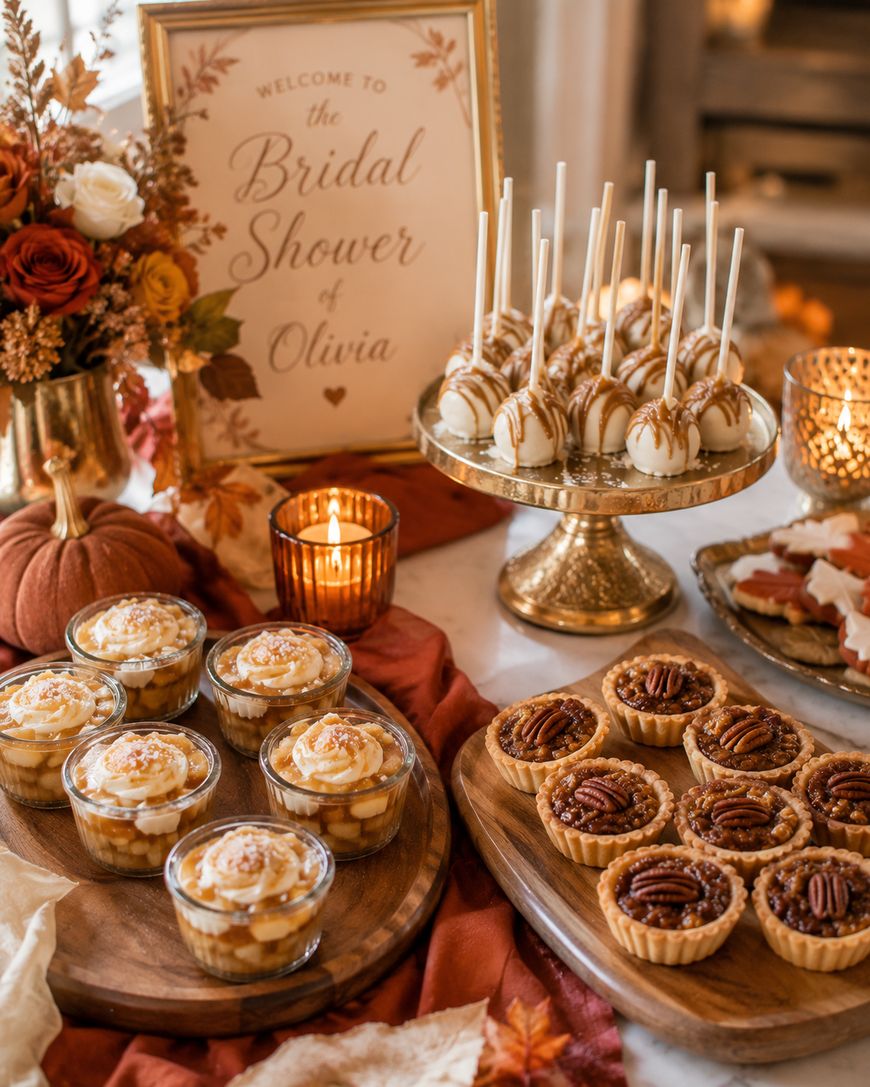 A bridal shower dessert table with mini trifles in jars, pecan tarts, cake pops on a stand, fall flowers, candles, a small pumpkin, and a framed sign reading Welcome to the Bridal Shower of Olivia.