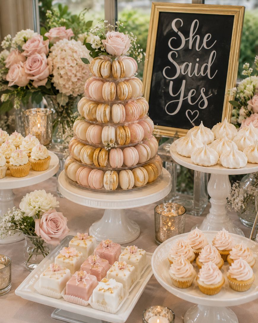 A dessert table with pink and white pastries, cupcakes, meringues, a macaron tower, flowers, and a chalkboard sign reading “She Said Yes.” Elegant decorations suggest a bridal shower or engagement celebration.