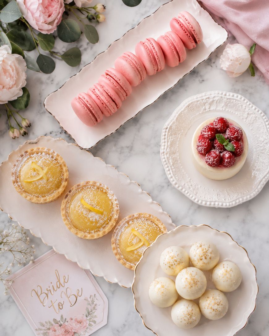 A flat lay of elegant desserts on white plates, including pink macarons, lemon tarts, a small berry-topped cake, and round white confections, with flowers and a Bride to Be sign on a marble surface.