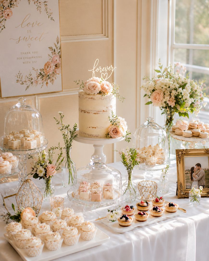 A wedding dessert table with a white frosted cake topped with “forever,” cupcakes, pastries, flowers in vases, and a framed photo, all arranged on a white tablecloth near a window with soft sunlight.