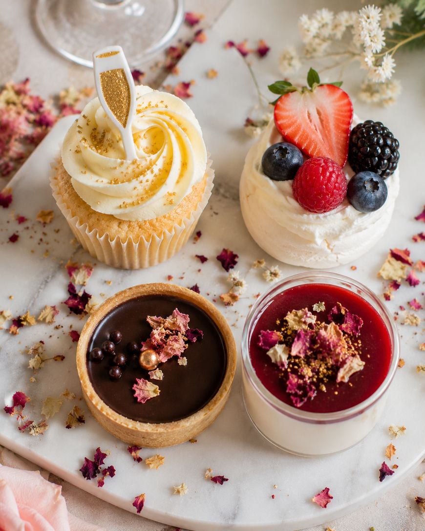 A marble platter with a cupcake topped with white frosting and gold sprinkles, a pavlova with berries, a chocolate tart, and a glass of red berry dessert, all garnished with flower petals and gold accents.