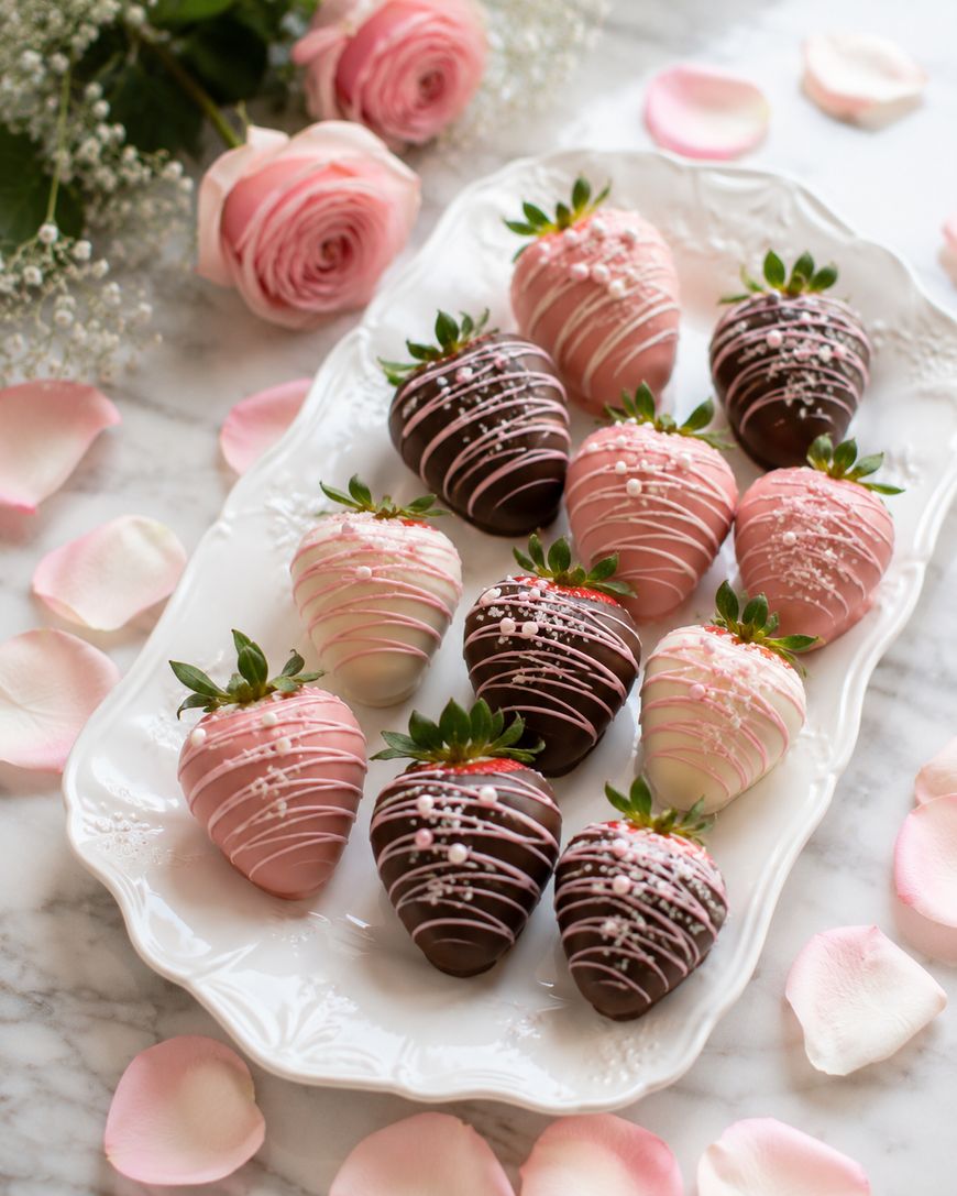 A white tray holds strawberries dipped in pink and dark chocolate, decorated with drizzle and sprinkles. Pink roses and rose petals are scattered on a marble surface around the tray.