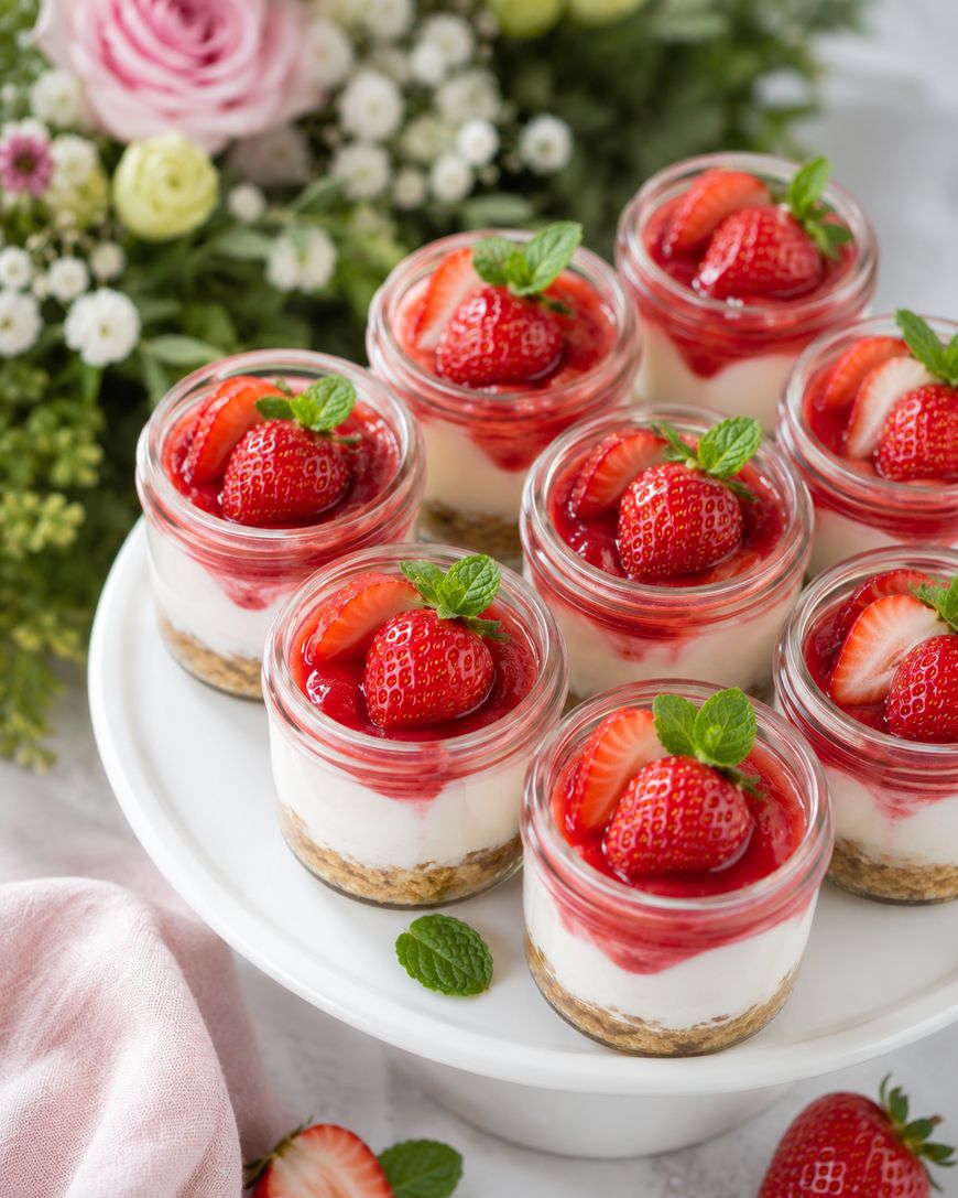 Mini strawberry cheesecakes in glass jars are topped with fresh strawberries and mint, arranged on a white cake stand, with flowers and strawberries in the background.