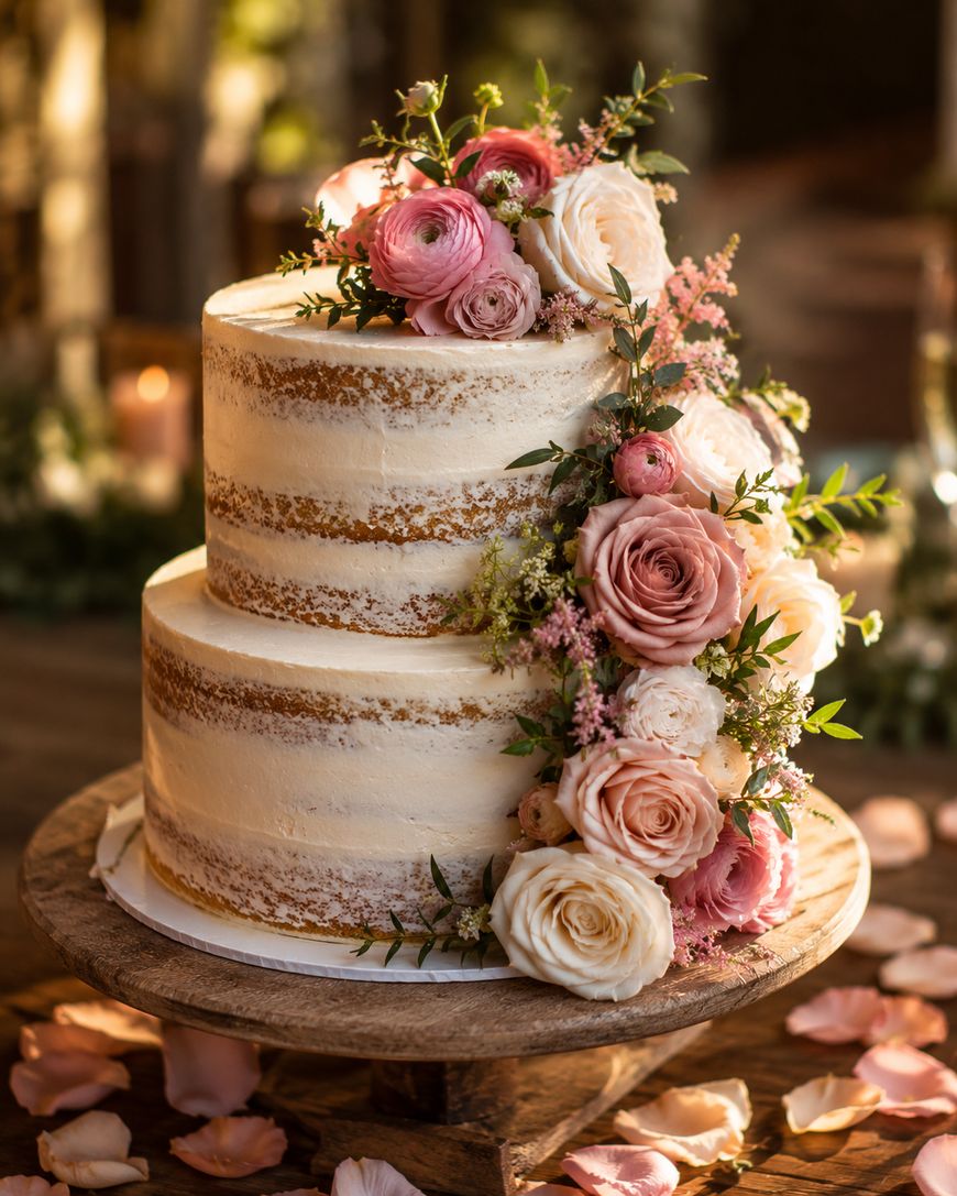 A rustic two-tier naked cake decorated with pink and white roses and greenery, displayed on a wooden cake stand, surrounded by scattered rose petals.
