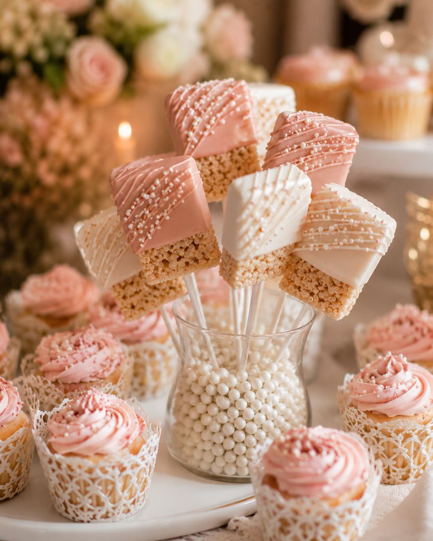 A glass vase filled with white candy beads holds rice crispy treats on sticks, decorated with pink and white icing and sprinkles. Surrounding the vase are cupcakes topped with pink frosting and white lace wrappers.