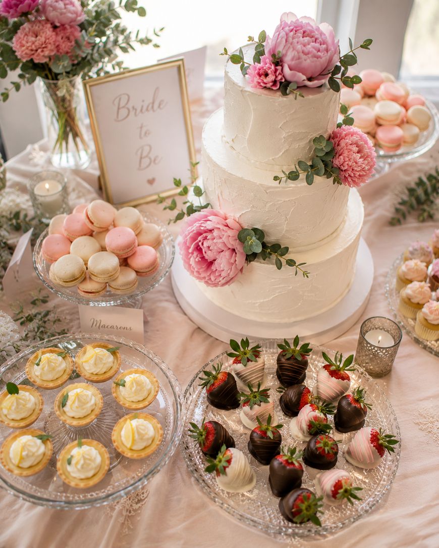 A bridal shower dessert table with a white three-tiered cake decorated with pink flowers, surrounded by macarons, chocolate-covered strawberries, lemon tarts, and cupcakes on glass trays. A Bride to Be sign is displayed.