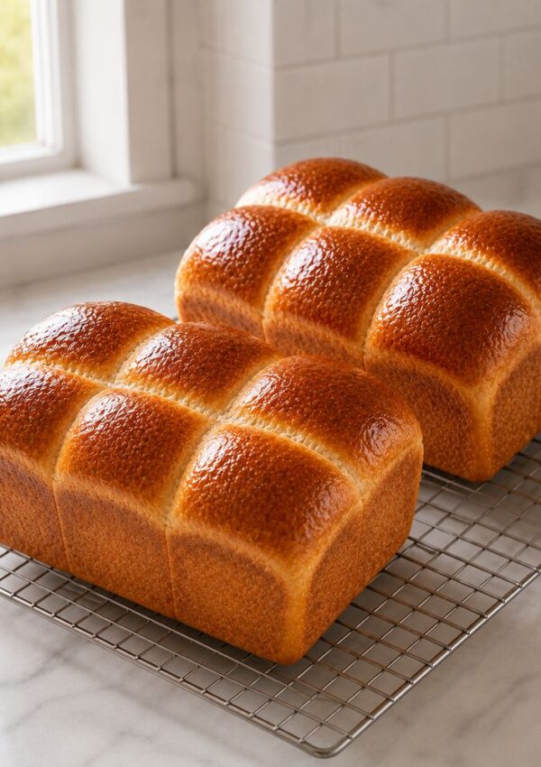 Two golden-brown, shiny loaves made from a brioche bread recipe cool on a wire rack atop a marble countertop near a bright window and white tiled wall.