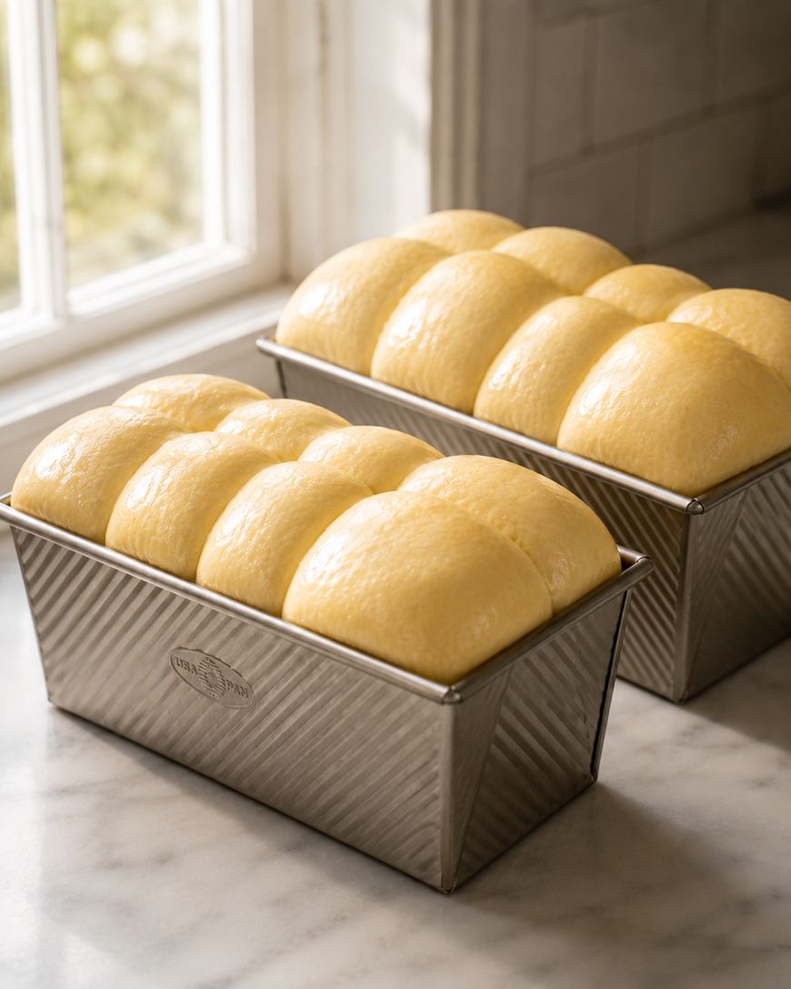 Two metal loaf pans filled with risen dough, divided into smooth, rounded sections, sit on a marble countertop near a sunlit window.
